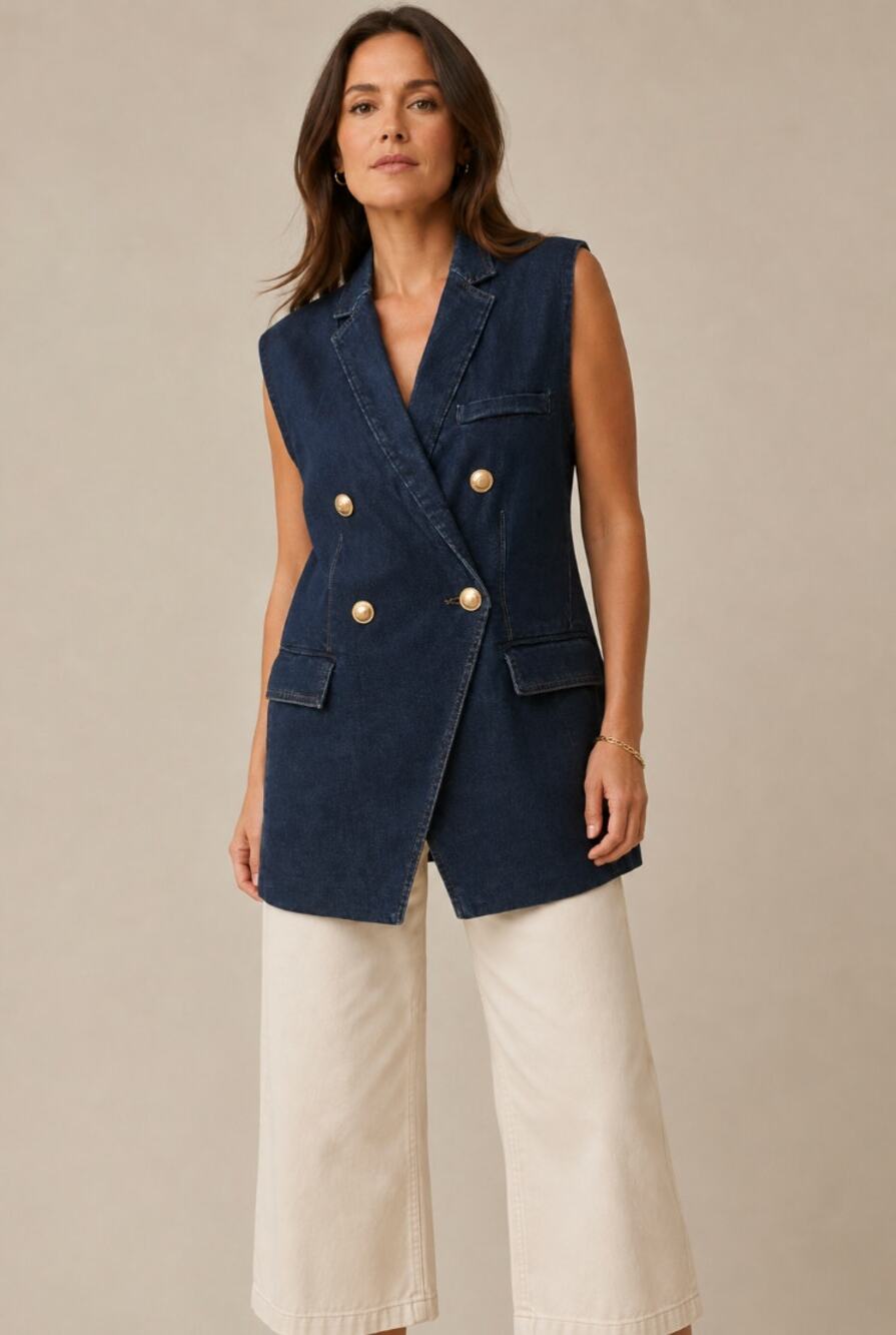 Avec Les Filles Double Breasted Denim Vest Gold Button Sleeveless Jacket M